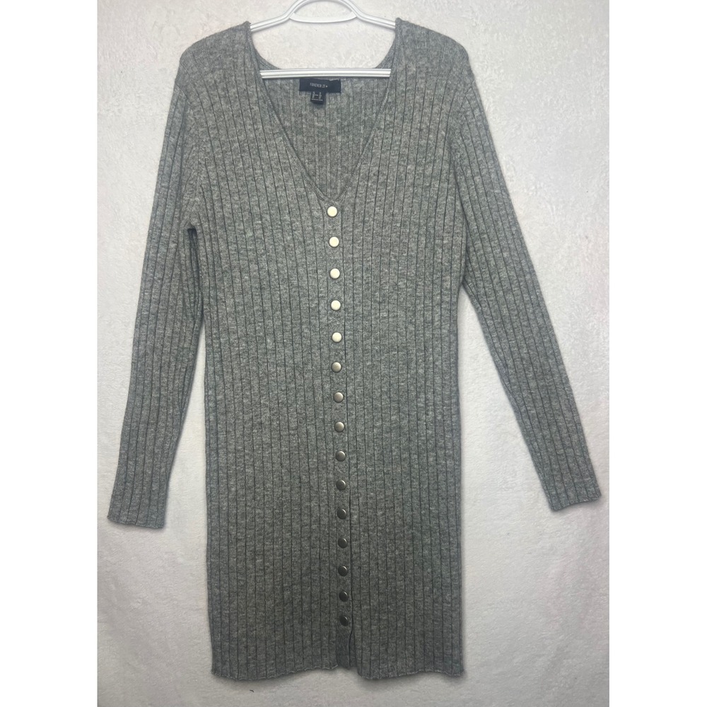 Forever 21+ Womens Plus 1X Gray Ribbed Knit V-Neck Faux Button Sweater Dress